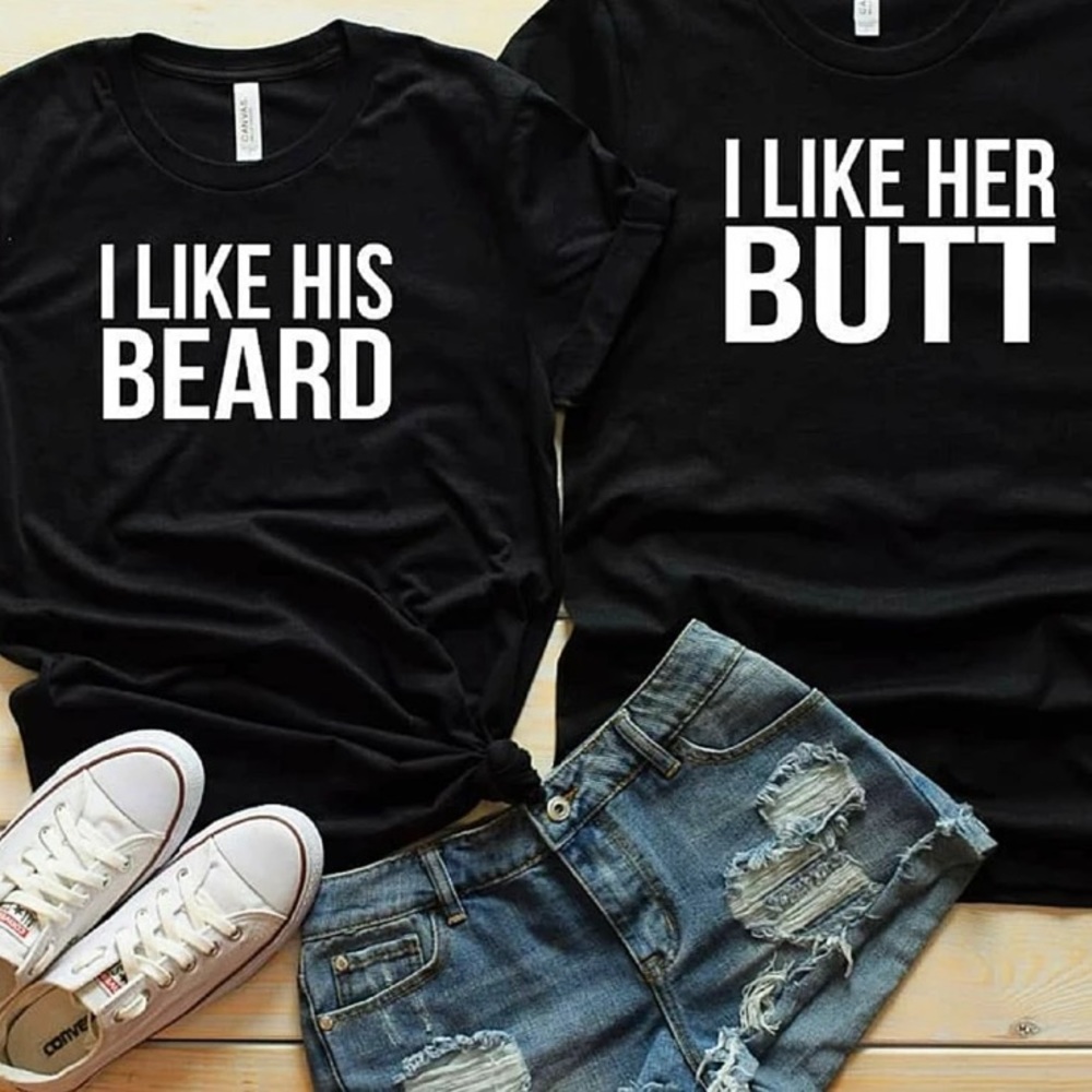 Couples matching shirts “I like his beard.”